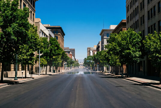 Summer Heat Haze on Empty Urban City Road &ndash; Mirage Effect 
and Heat Shimmer, Tree Lined Street Perspective