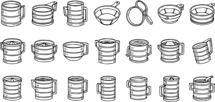Black and White Line Art Collection of Various Kitchen Sieves and Strainers