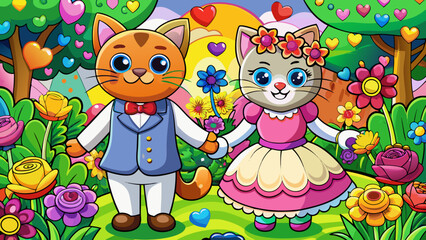 Fototapeta premium Whimsical vector cat couple, cartoon animals, colorful garden scene, floral fantasy