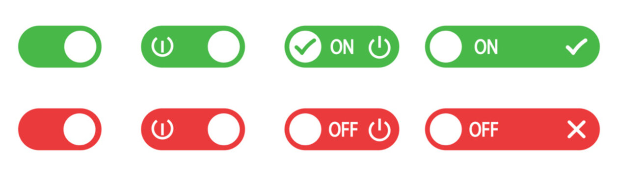 Set of colorful toggle switch buttons for web interface design with power symbols and text labels showing on and off status in green and red colors.