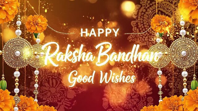 Happy Raksha Bandhan Good Wishes greeting with decorative golden rakhi and orange marigold flowers on a festive bokeh background for Indian festival