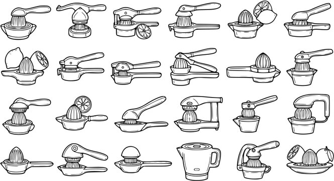 Food and Drink Black and White Line Art Juicers Icon Set. Hand-drawn kitchen citrus squeezers and lemon presses collection for cooking and healthy lifestyle.