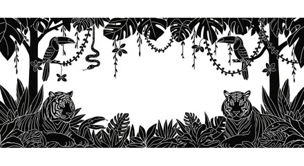 Obraz premium Tropical jungle frame with tigers toucans and exotic plants