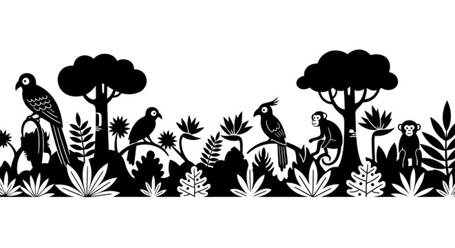 Tropical rainforest silhouette border with parrots and monkeys