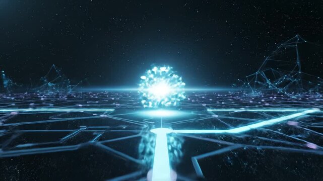 Glowing cube in digital network
