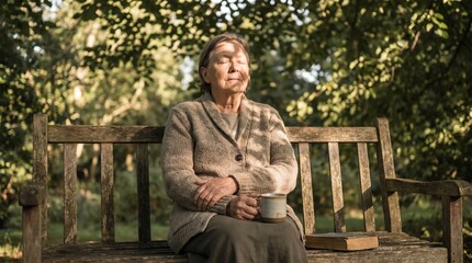 Fototapeta premium Elderly woman enjoys a sunny day sitting on a park bench with a cup of tea and a book