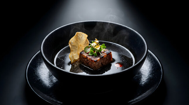 Fine Dining Rawon Black Consomme, Luxury Indonesian Wagyu Beef Dark Soup Obsidian Plate landscape orientation