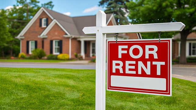 For rent sign in front of suburban residential house with green lawn