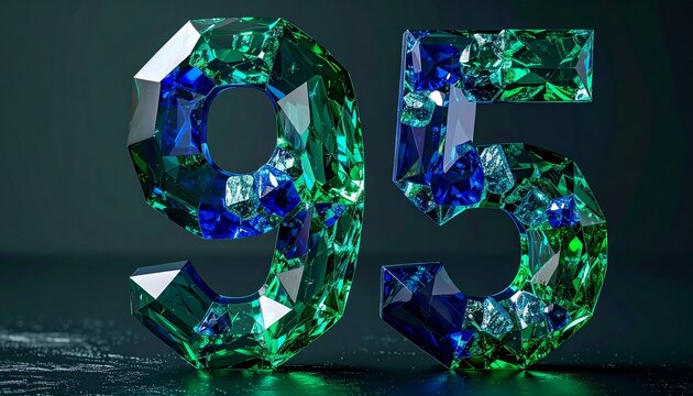 Large green and blue gemstone numbers ninety five on dark background