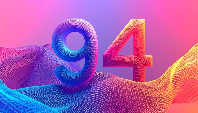 Vibrant numbers ninety four rise on colorful wavy mesh surface