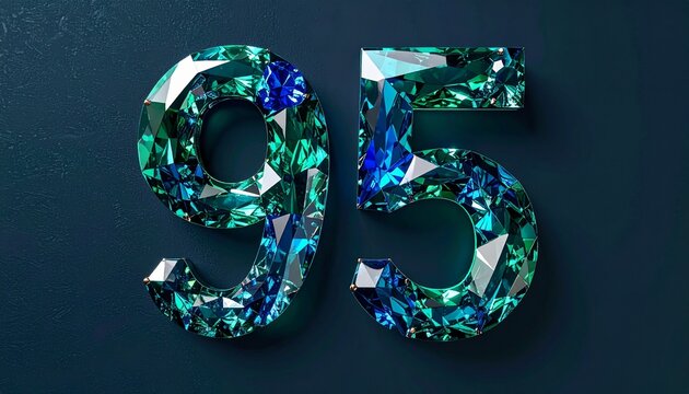 Large emerald and blue gemstone number ninety-five on dark background
