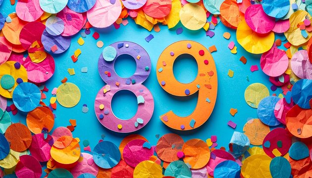 The number eighty-nine surrounded by colorful confetti and decorations on a blue background