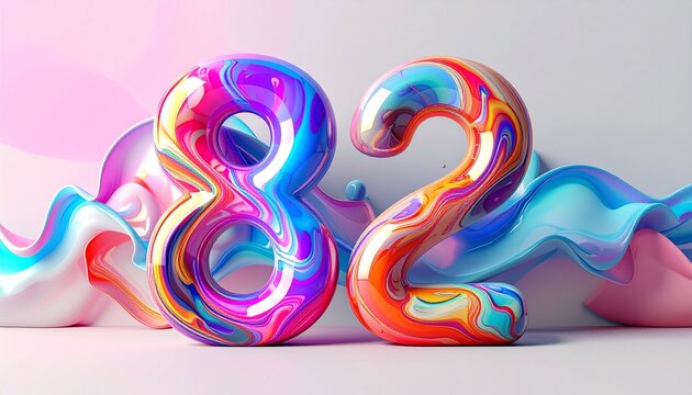 Vibrant colorful numbers eighty-two float on a swirling liquid-like surface