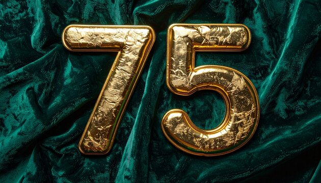 The golden numbers 75 displayed on a luxurious green velvet fabric background.