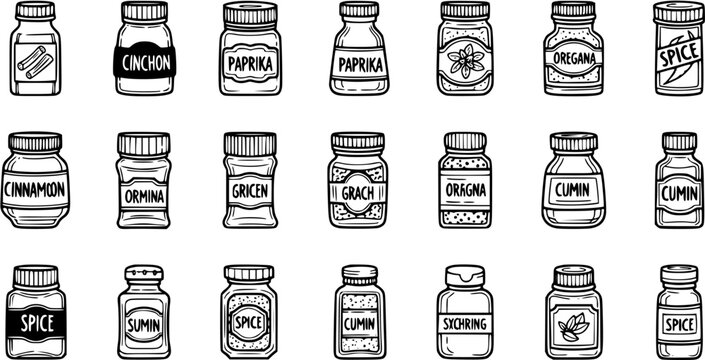 Culinary Food Industry Hand-Drawn Black and White Line Art Set of Spice Jars and Seasoning Bottles with Various Ingredient Names