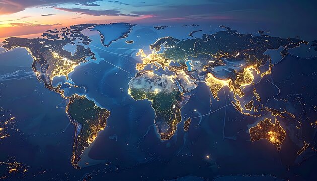 A nighttime view of the illuminated global map with connections