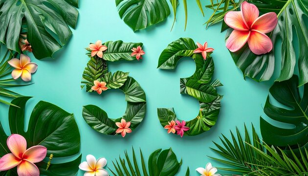 Tropical floral arrangement with number fifty three.