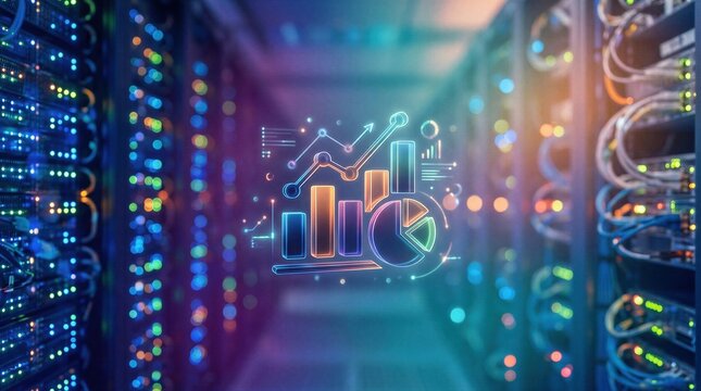 Neon data visualization icon showing business analytics in a server room. Digital growth statistics in data center. Technology, ecommerce and global market analysis concept.