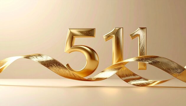 Golden numbers 511 with shiny metallic ribbons on beige background