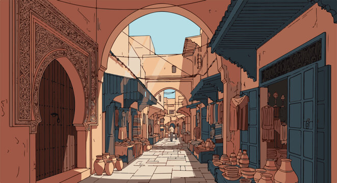 Animated sunlit Moroccan bazaar with architectural arches, pottery, and textiles