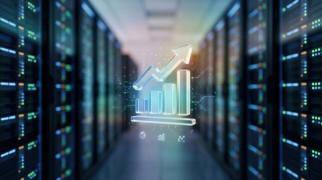 Holographic financial growth chart with rising arrow in server room. Digital data visualization for ecommerce analytics and marketplace development. Innovative business technology concept.