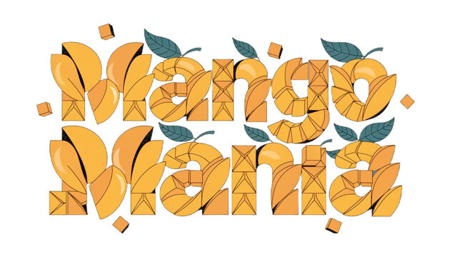 Mango Mania bold playful typography built from mango slices and cubes, EPS vector transparent background