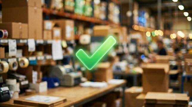 Green check mark icon hovering over a warehouse filled with parcel boxes. Electronic commerce order fulfillment and successful logistics delivery status concept for digital marketplace.