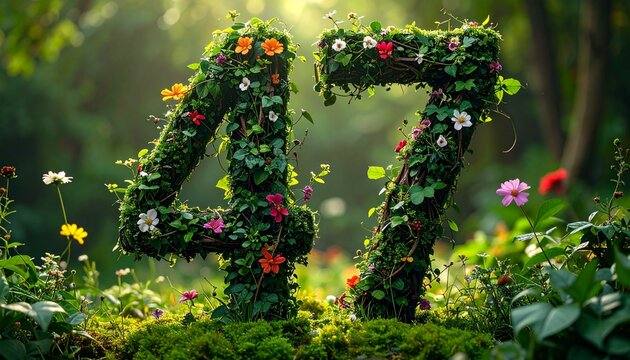The number 47 made of green leaves and colorful flowers in a forest.