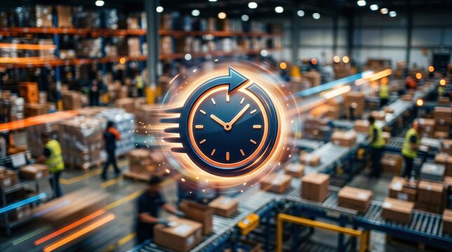 Glowing clock icon representing fast delivery in large warehouse distribution center. Concept of express shipping and logistics management for e-commerce and retail supply chain.