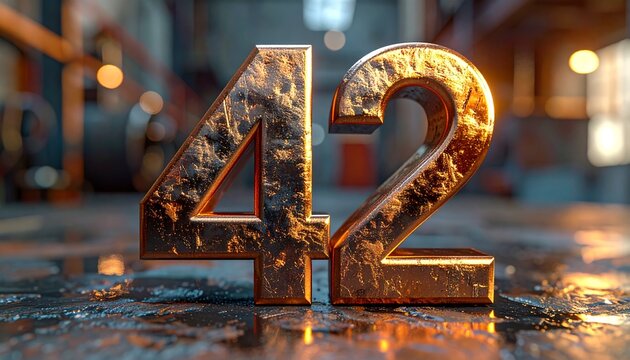 A close-up view of a large, rustic metal number forty-two sitting on a wet industrial floor with blurred machinery in the background.