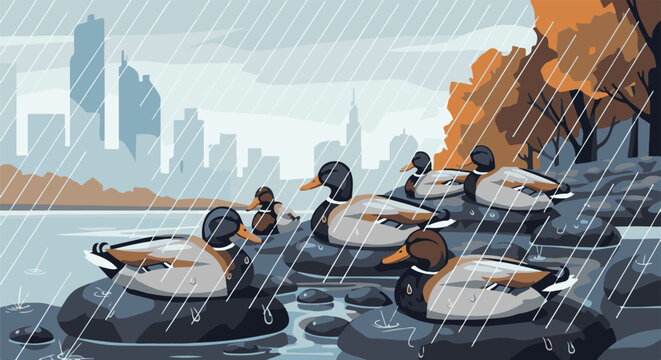 Ducks in the rain with city skyline backdrop