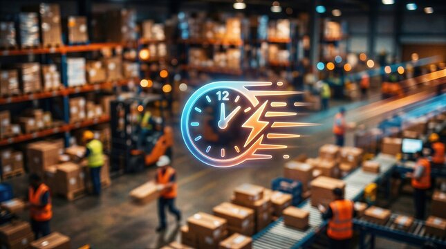 Fast delivery icon over warehouse with workers managing parcel distribution. Concept of logistics efficiency and express shipping in e-commerce marketplace operations. Supply chain management.