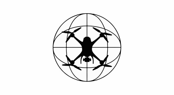 Silhouette of a drone hovering within a stylized globe outline, symbolizing global aerial technology.