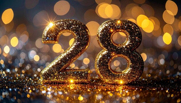 Glittering gold numbers twenty-eight shine brightly on sparkly surface with bokeh lights