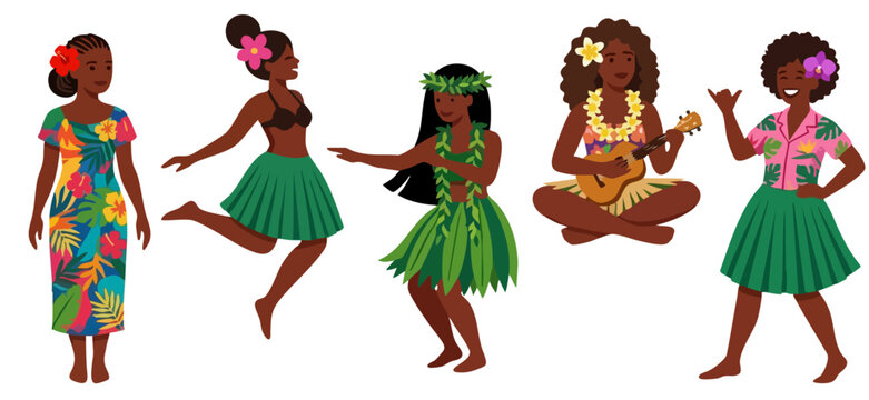 Hawaiian hula dancers vector clipart set, beautiful women dancing, playing ukulele, wearing traditional dresses isolated on white. Hawaii aloha party character collection, tropical girls, muumuu dress