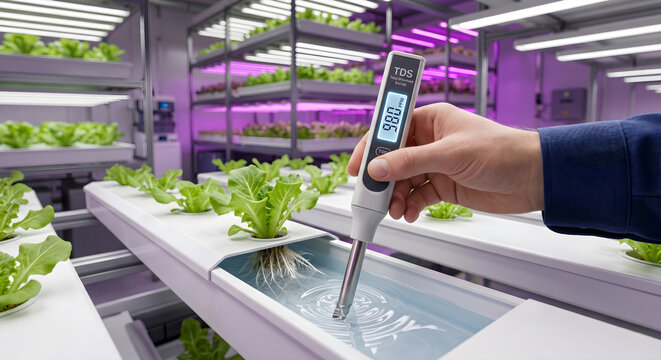 Measuring water TDS with digital meter in hydroponic system vertical farm indoor growing.