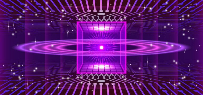 Vector digital technologies, symmetrical futuristic circuit 3d board. Radiant glowing atom and pink burst, power energy of modern computing. High performance processors. IT project, startup, cyber