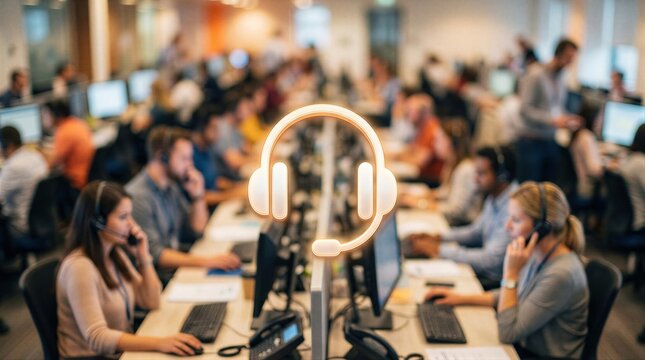 Woman and man call center agent working at blurred office background with glowing digital headphone icon. Customer support, electronic commerce and marketplace communication technology.