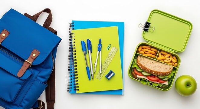 flat lay arrangement of school supplies backpack and healthy lunchbox on white background