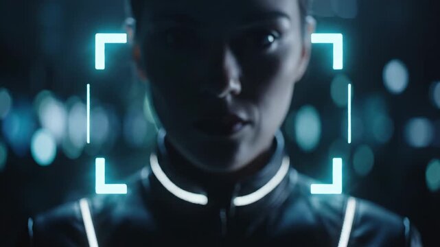 Female figure with dark hair wearing a black jacket with illuminated accents stands in a futuristic setting, surrounded by glowing blue lights and a digital frame effect