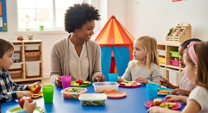 A kind teacher sitting and having a healthy lunch with children in a classroom