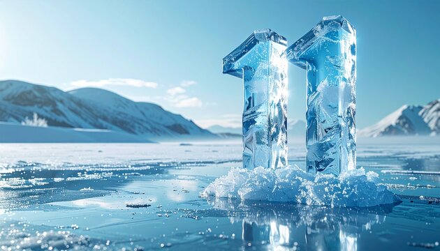 Two large ice blocks stand upright on a frozen lake with snowy mountains.