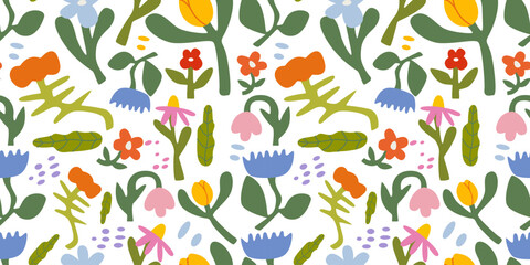 Naive style floral seamless pattern. Colorful flat vector texture with simple creative wildflowers, green leaves and botanical elements on a white background for textile or wallpaper design © luamor