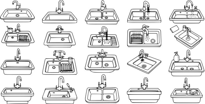 Kitchen and Bathroom Sinks Line Art Icons Set. Household Plumbing Fixtures, Faucets, and Washbasins in Black and White Outline Vector Style.