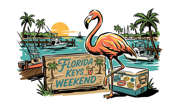 Retro tropical flamingo standing by Florida Keys Weekend wooden sign and cooler at marina, hand-drawn illustration for t-shirt design and travel branding