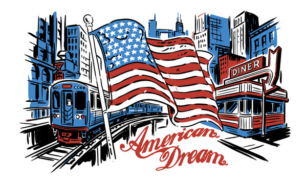 Retro American Dream graphic with waving USA flag, subway train, and vintage city diner illustration for t-shirt design and patriotic branding