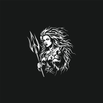 Powerful warrior woman with trident and lion hand drawn engraving illustration on dark background