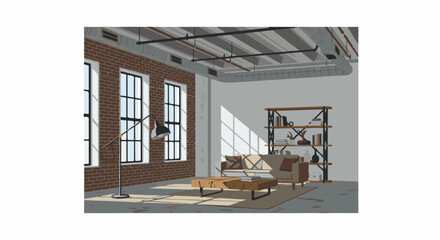Pixel art loft living room with brick wall and industrial accents © Mio