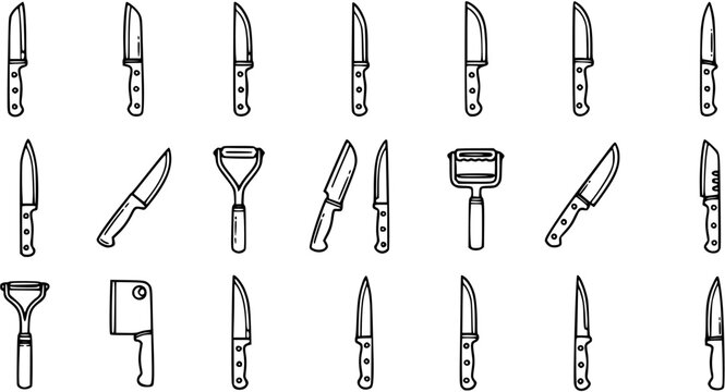 Kitchen Utensils Black and White Line Art Icons Set: Knives, Cleavers, and Peelers for Food Industry