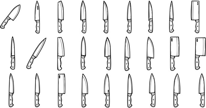 Food and Kitchen Industry Hand-Drawn Knives Collection. Black and White Line Art Vector Illustration Set of Chef Knives, Utility Blades, and Cleavers.